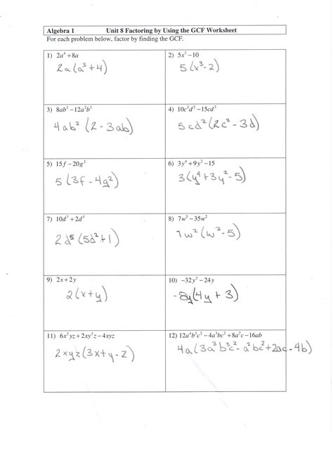 Factoring GCF worksheet and answers - Math 10