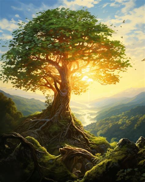 Premium Photo | Beautiful great tree of life in a nature fantasy background with intensive sunlight