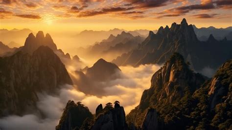 Premium AI Image | Breathtaking sunrise in the Huangshan mountains Generative AI