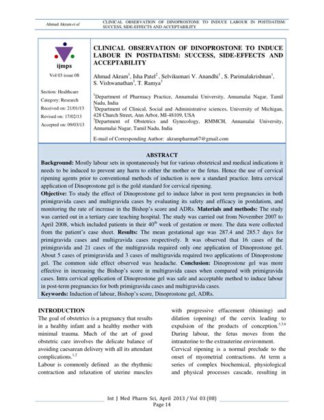 (PDF) CLINICAL OBSERVATION OF DINOPROSTONE TO INDUCE LABOUR IN POSTDATISM: SUCCESS, SIDE-EFFECTS ...