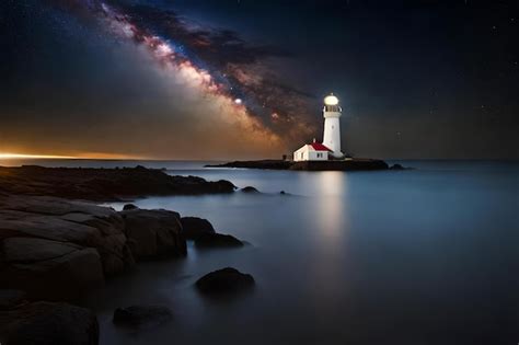 Premium Photo | A lighthouse sits on a rocky beach at night.