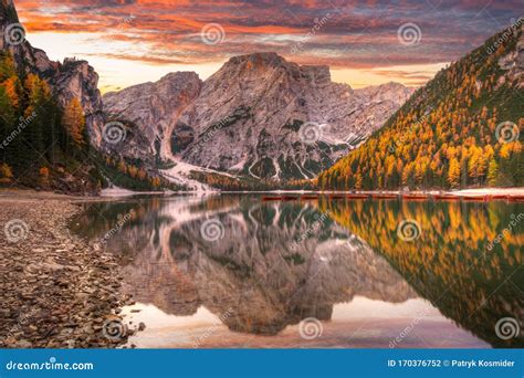 Lago Di Braies Lake and Seekofel Peak at Sunrise, Dolomites. Italy Stock Photo - Image of nature ...