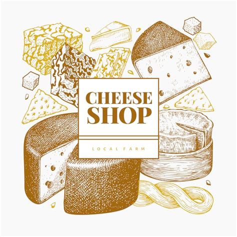 Cheese design template. hand drawn vector dairy illustration. engraved style different cheese ...