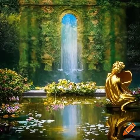 Painting of a garden with angel statues