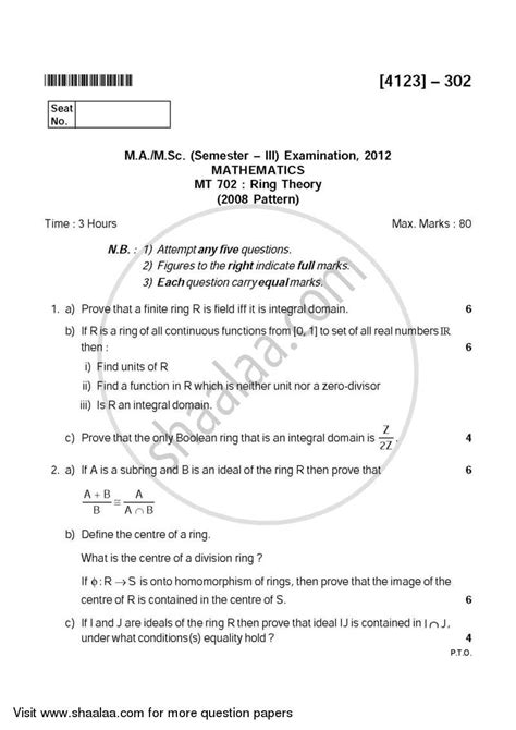 Ring Theory 2011-2012 MA Mathematics Semester 3 question paper with PDF download | Shaalaa.com