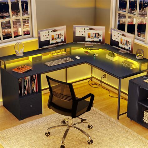 Dextrus 67 Inch L Shaped Desk with LED Light and Power Outlets, Computer Desk with Drawer & 3 ...