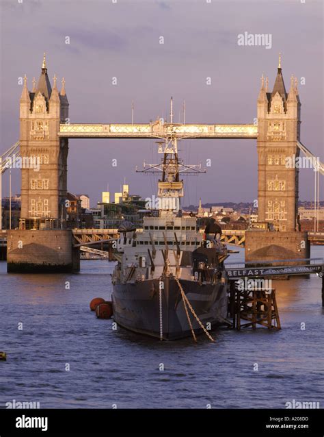 HMS Belfast View with Tower Bridge Stock Photo - Alamy