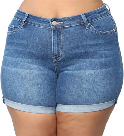 Buyao Womens Plus Size Denim Shorts Stretch Distressed Ripped Blue ...