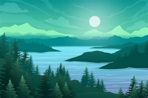 Free Vector | Nature scene with river and hills, forest and mountain, landscape flat cartoon ...