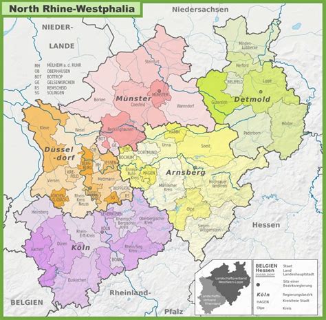 Administrative divisions map of North Rhine-Westphalia - Ontheworldmap.com