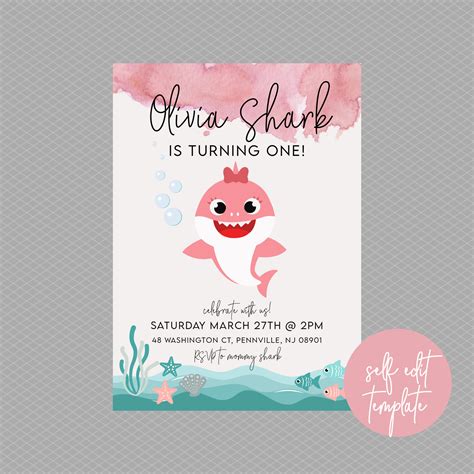 Baby Shark Birthday Invitation Template Editable Printable Instant Download ...