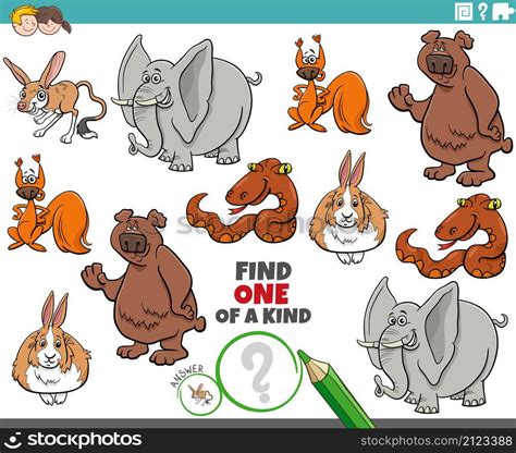 Cartoon illustration of find one of a kind picture educational game with funny wild animal ...