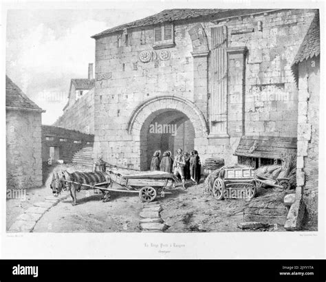 Drawing of the medieval city walls and gate, Langres, France, drawn by Isidore Justin Severin ...