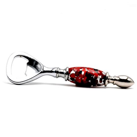 Red, black and silver bottle opener in murano glass