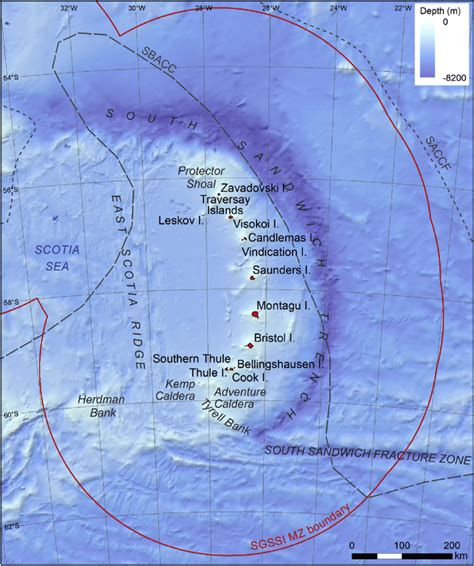 Map of the South Sandwich Islands region, showing the key features and ...