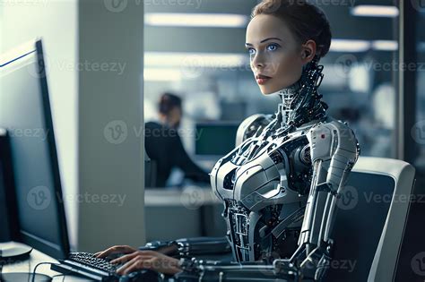 A female robot works at the computer in the office. Artificial intelligence system ChatGPT, Chat ...