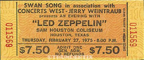 1 LED ZEPPELIN VINTAGE UNUSED FULL CONCERT TICKET 1975 Houston, Texas ...