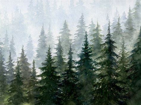 Misty Forest Printable Wall Art, Watercolor Evergreen Trees Painting ...