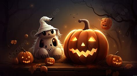 Halloween Ghost And Pumpkin Cartoon Desktop Wallpaper Background, Cute Halloween Picture ...