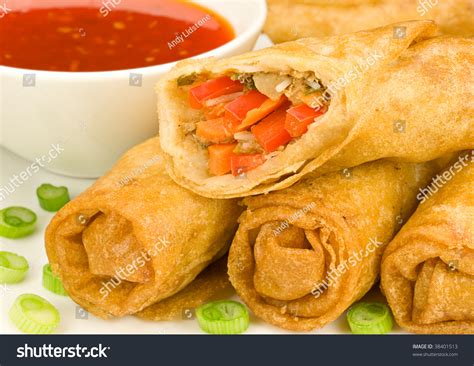 Spring Rolls With Sweet Chilli Dipping Sauce And Garnish Stock Photo 38401513 : Shutterstock