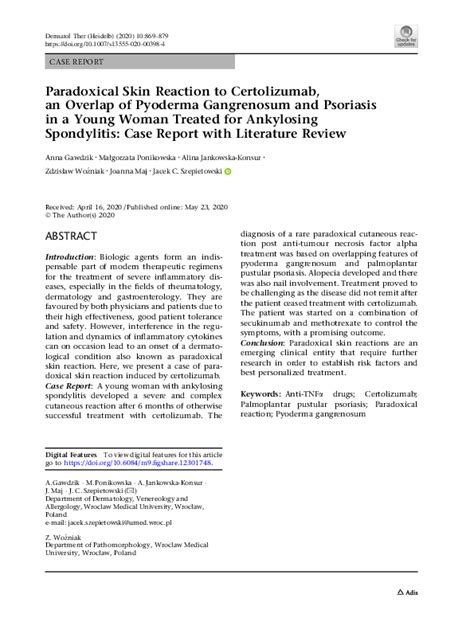 (PDF) Paradoxical Skin Reaction to Certolizumab, an Overlap of Pyoderma Gangrenosum and ...