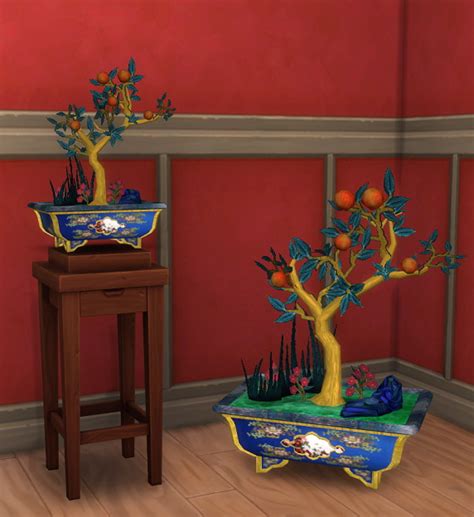 there are two bonsai trees in the corner of this room and one is on top of a table