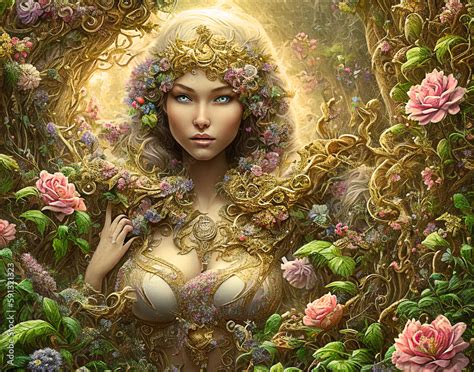 the beautiful art of god woman surrounded by beautiful flowers and nature. The flowers and women ...