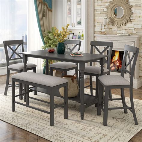 Buy 6 Pieces Counter Height Dining Table Set, Wood Rectangle Table with ...
