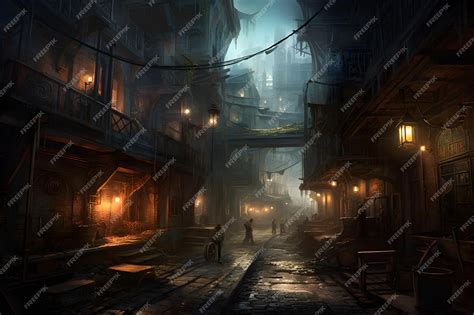 Premium AI Image | A dark alley with a street scene and a man and a dog.