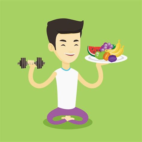 Premium Vector | Healthy man with fruits and dumbbell.