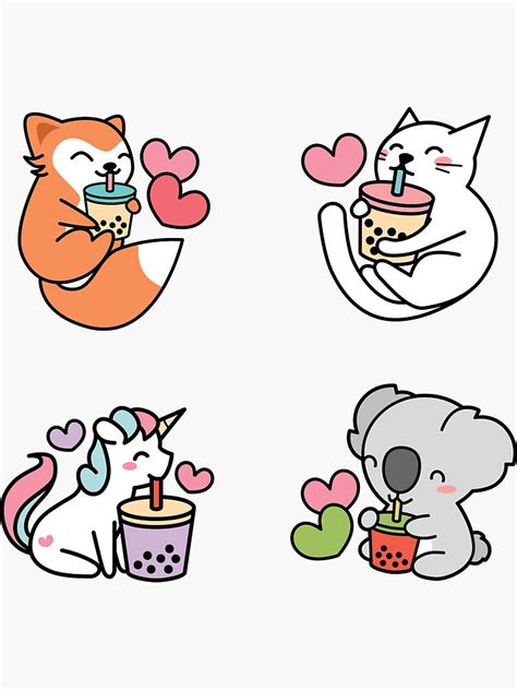 "Cute Kawaii Boba Tea Animals - Cat Fox Unicorn & Koala Bear" Sticker ...