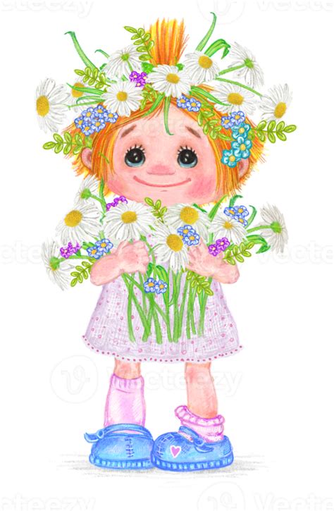 A little girl is holding flowers in her hands, her head is wrapped in ...