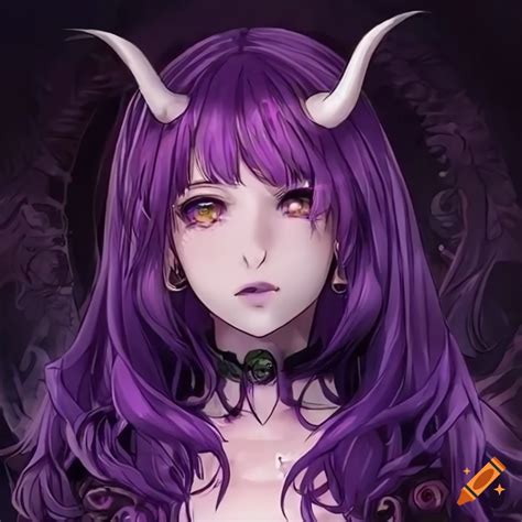 Purple fantasy clothing anime girl with horns on Craiyon