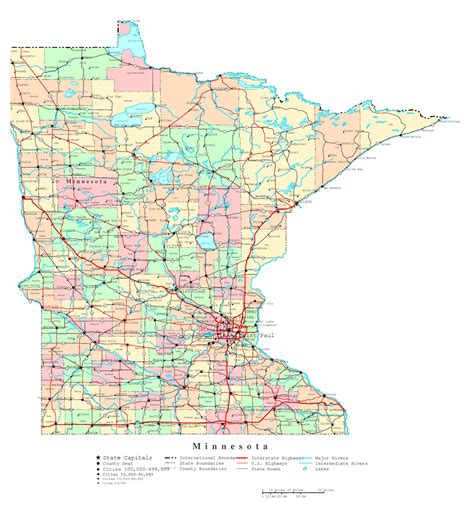 Large detailed administrative map of Minnesota state with roads ...