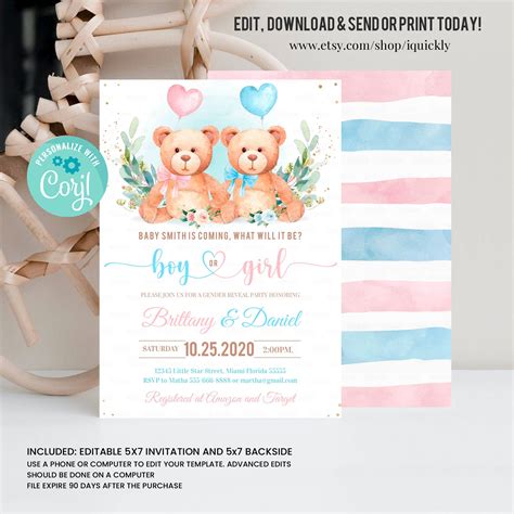 Editable Teddy Bear Baby Shower Invitation Bear Gender Reveal - Etsy