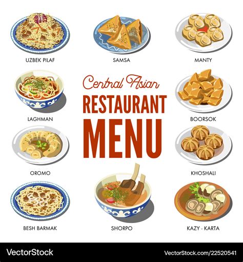 Central asian food cuisine traditional dishes Vector Image