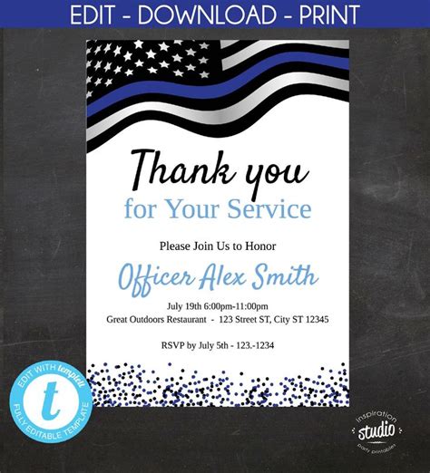 Police Retirement Invitation Template Thank You for Your Service Printable Invitation Thin Blue ...