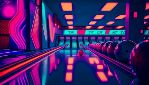 Premium AI Image | Bowling alley with neon lights and bowling balls on ...