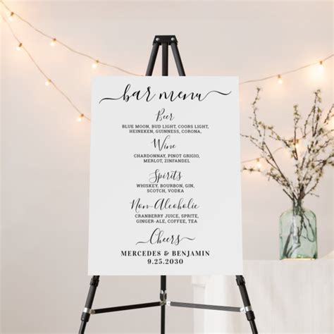 Elegant Wedding Bar Personalized Drink Menu Foam Board | Zazzle