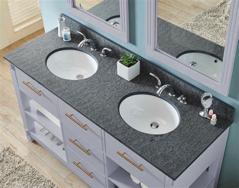 60" Double Sink Bathroom Vanity in Grey Finish with Polished Textured Surface Granite Top - No ...