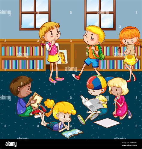 Scene with many children reading books in the library illustration Stock Vector Image & Art - Alamy