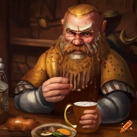 Dwarf in a tavern enjoying food and drink on Craiyon