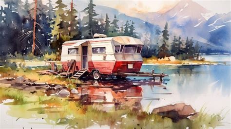 Premium AI Image | Camping in mountain lake with travel trailer water