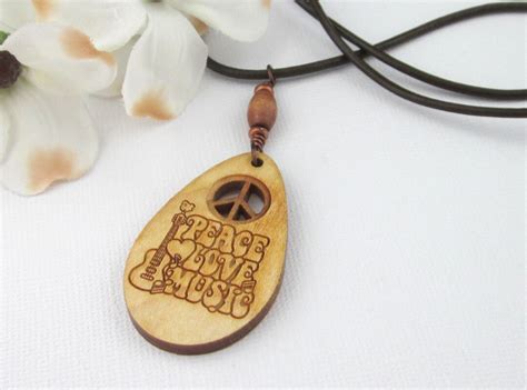 Wood Peace Sign Music Pendant Necklace With Guitar and Leather - Etsy