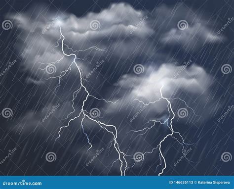 Vector Realistic Dark Stormy Sky with Clouds, Heavy Rain and Lightning ...