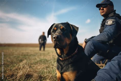 image showing the dog Rottweiler sitting next to a policeman looking at ...