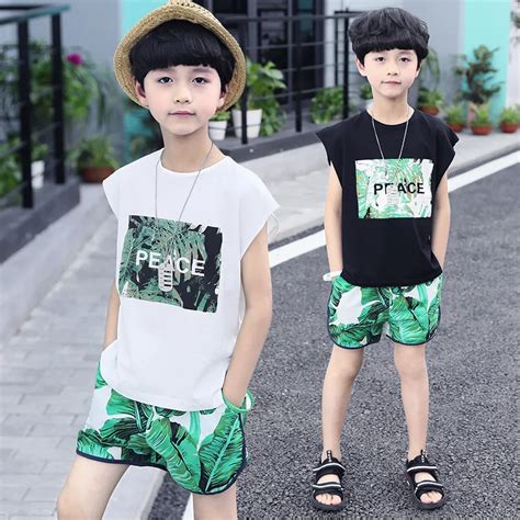 Boys Sleeveless Print Leaves T shirt + Pants Tracksuits 2018 Summer Children Sports Suits Kids ...