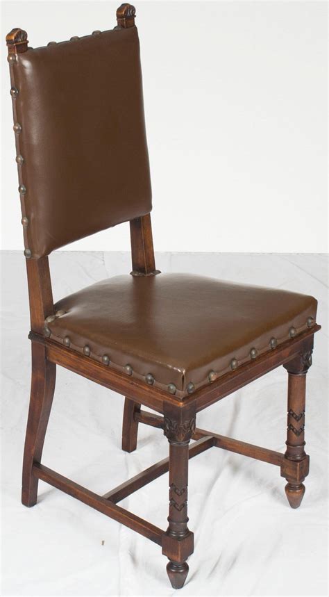 Set of Six French Renaissance Style Dining Room or Kitchen Chairs Brown Leather For Sale at 1stDibs