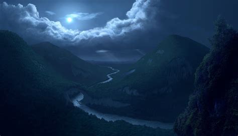 cg, Digital, Art, Nature, Landscapes, Rivers, Valley, Mountains, Trees, Forest, Woods, Night ...
