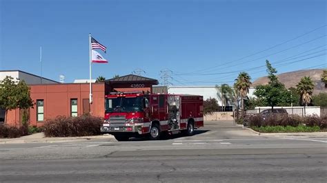 Fremont Fire Department Engine 53 leaving station 7 with lights and air ...